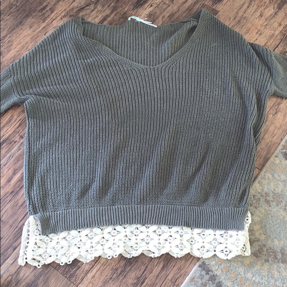 army green sweater with crochet bottom